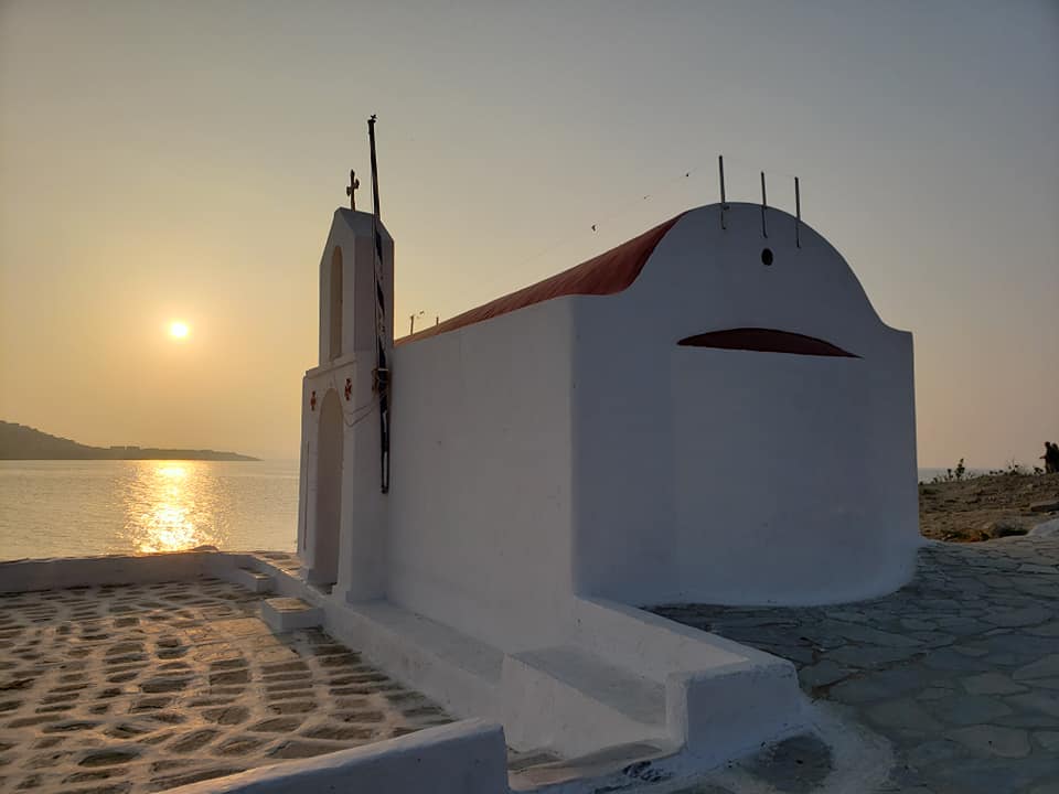Mykonos sunset and Greek Orthodox church by Tracy Cahill